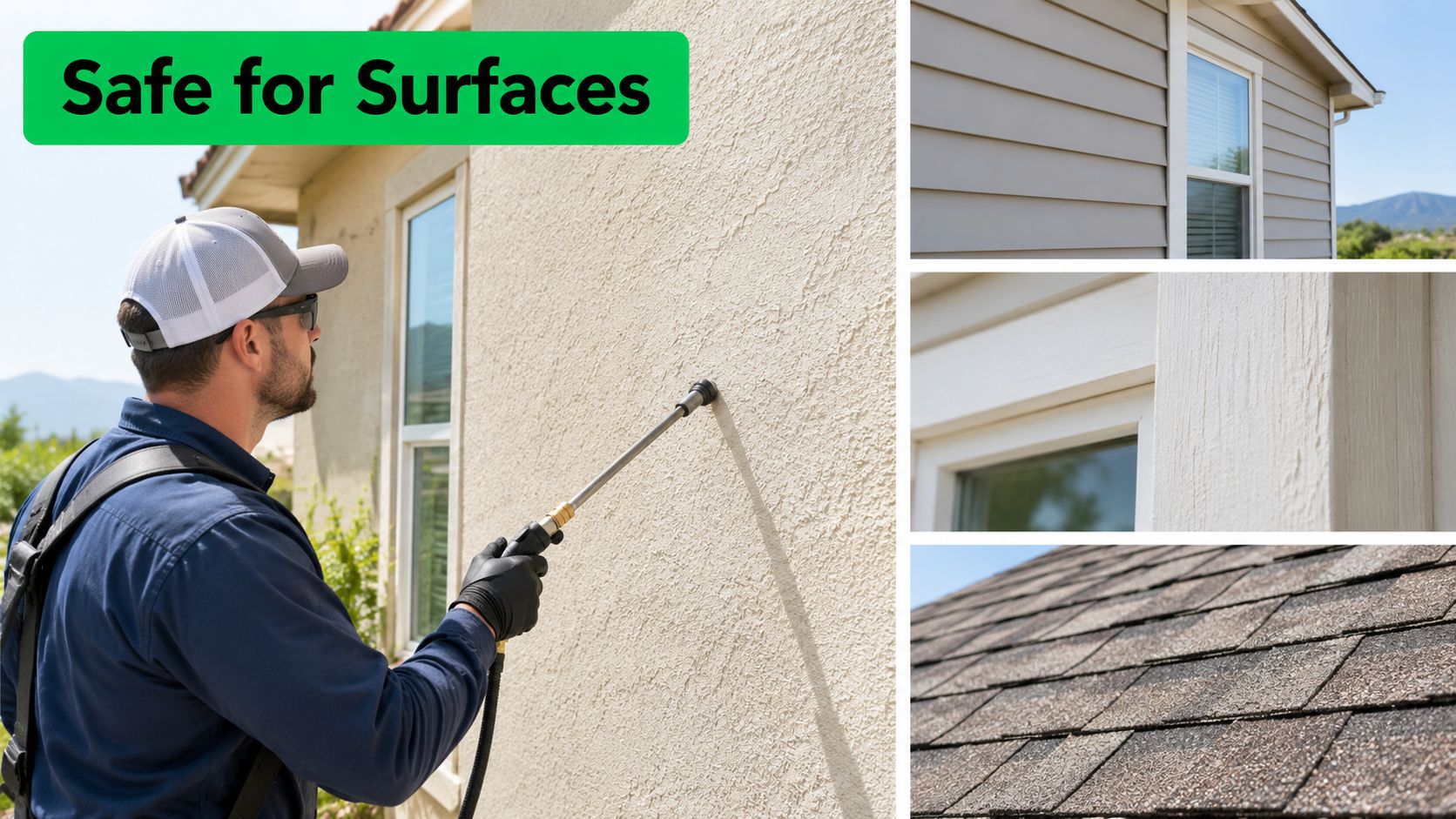 A professional technician soft washing a house exterior, demonstrating the product is safe for various surfaces.