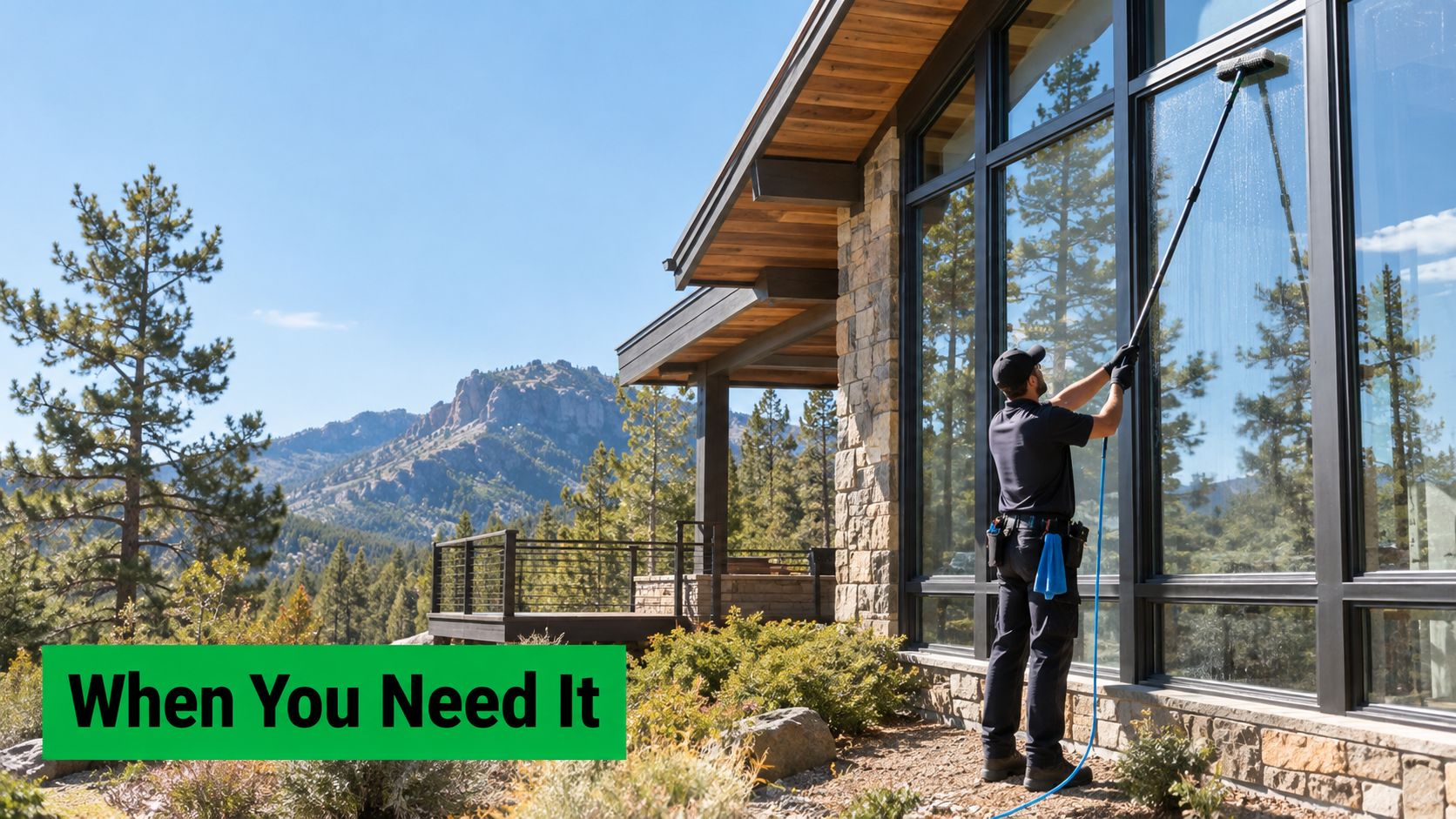 A professional window cleaner cleans the large glass windows of a luxury home in a mountainous region.