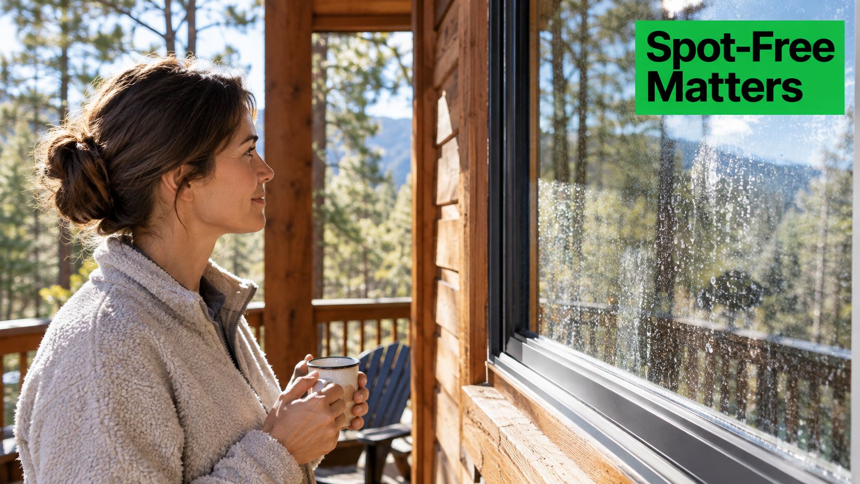 A woman holding a coffee mug looks out a large cabin window with water spots.