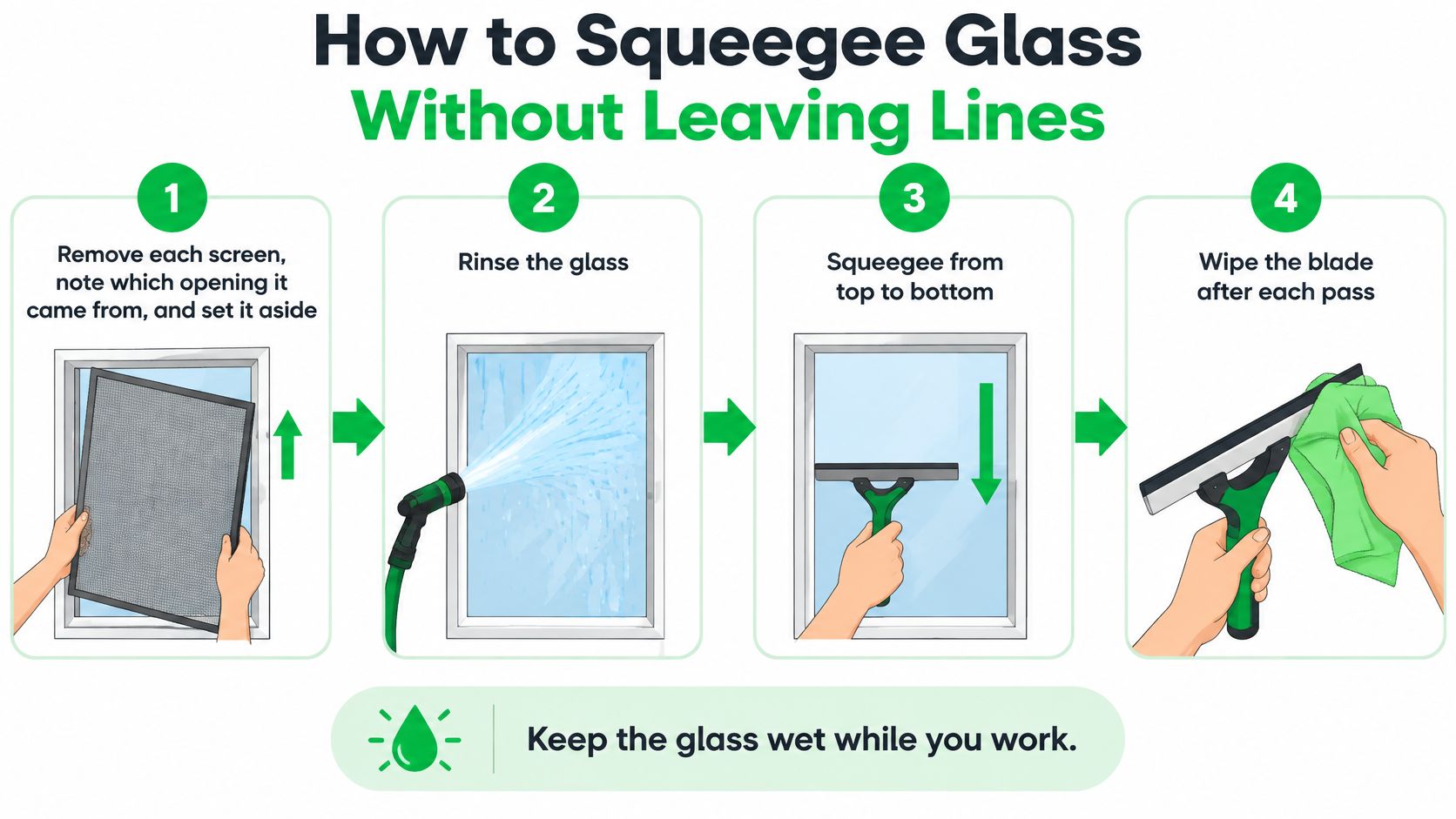 A four-step infographic illustrating how to clean windows with a squeegee without leaving streaks or lines.