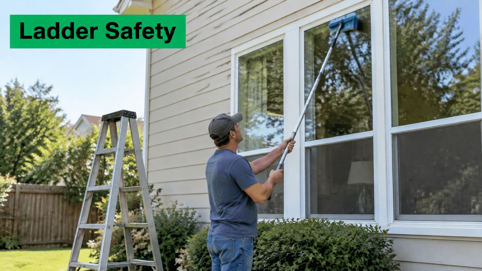 A man wearing a baseball cap stands outside cleaning windows with an extendable pole tool.
