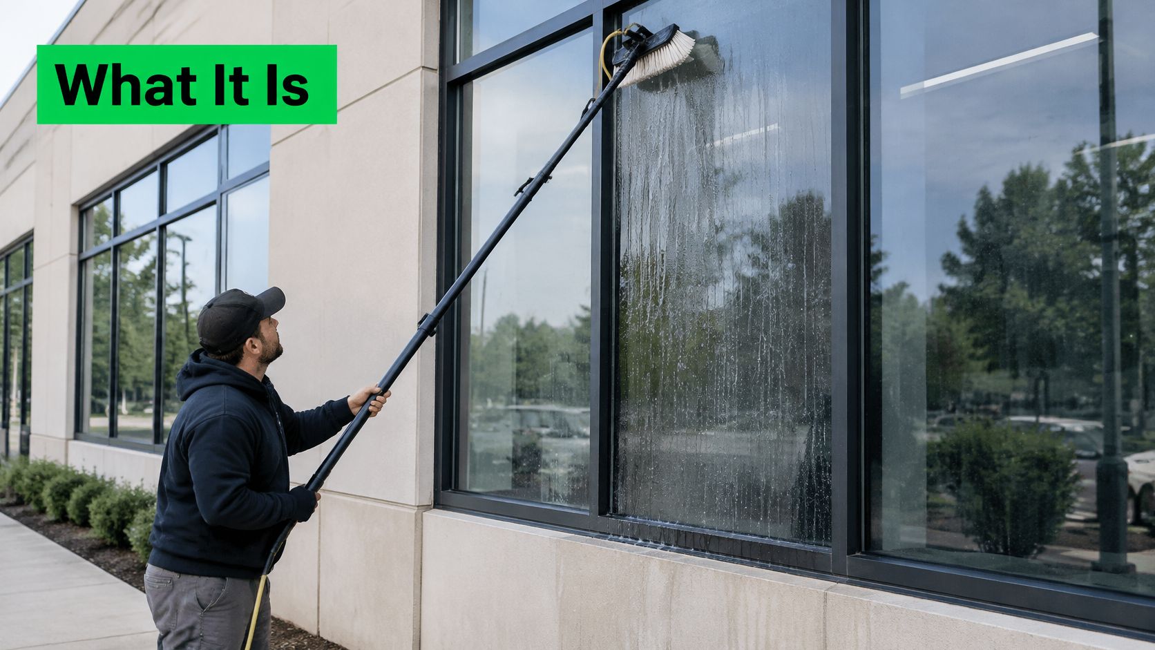 A professional window cleaner uses a water fed pole to clean the exterior of a commercial building.