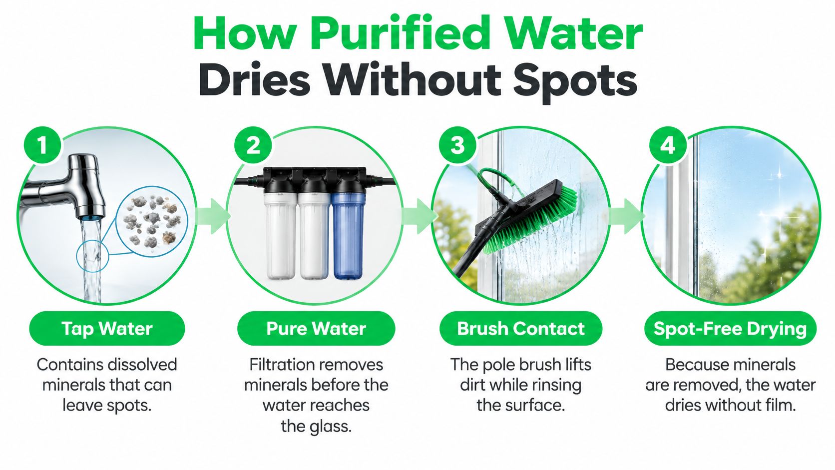 A four-step process diagram showing how purified water filtration leads to spot-free window cleaning.