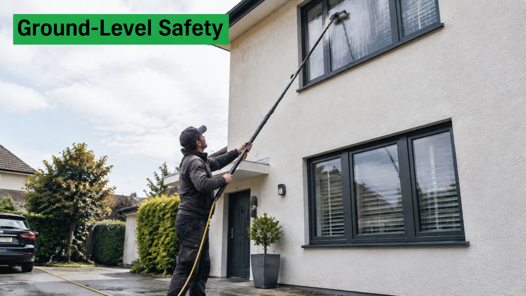 A professional window cleaner uses a water fed pole to clean an upper story window from ground level.