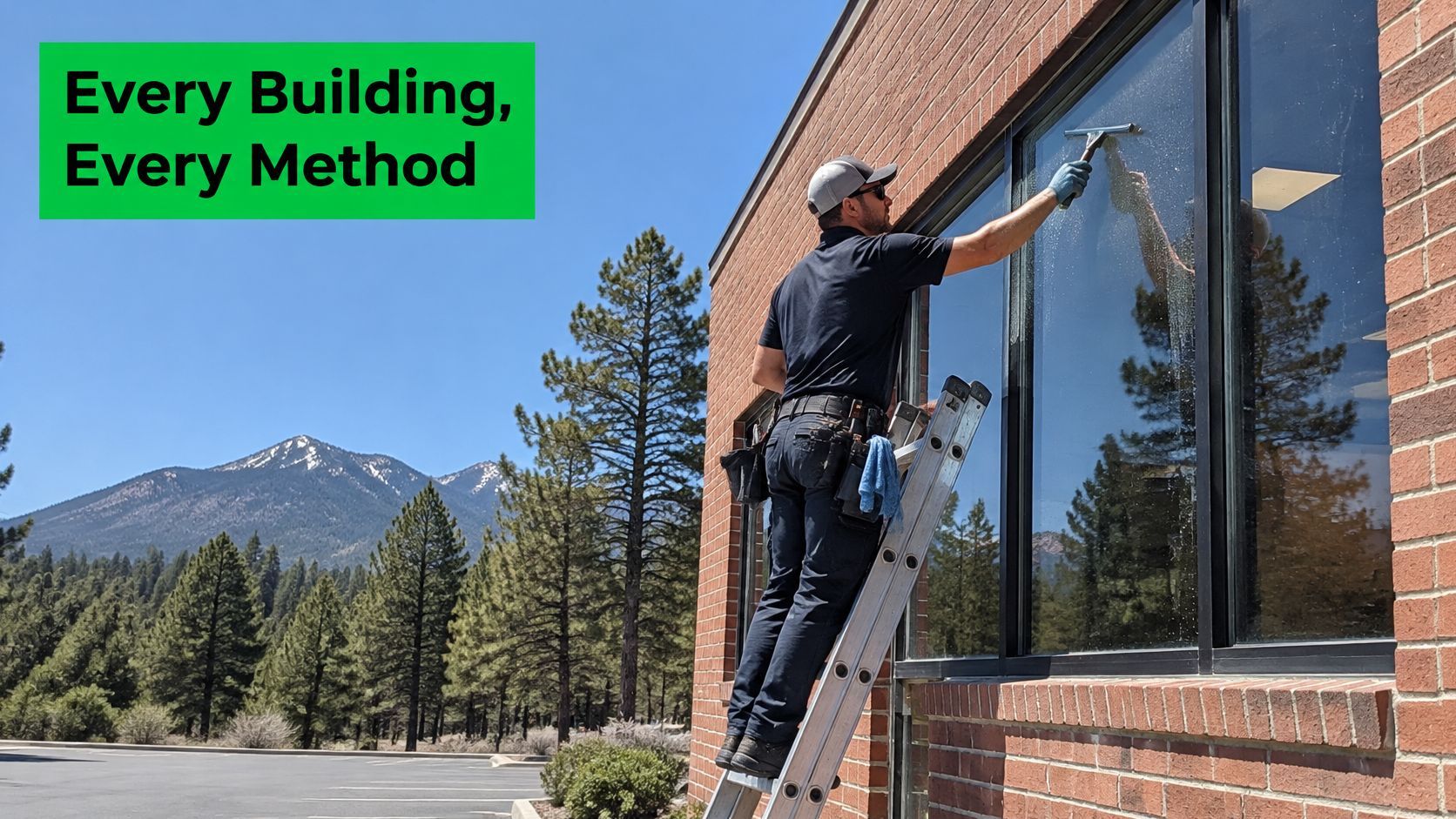 A professional window cleaner wearing a hat uses a squeegee to clean a tall glass building window.