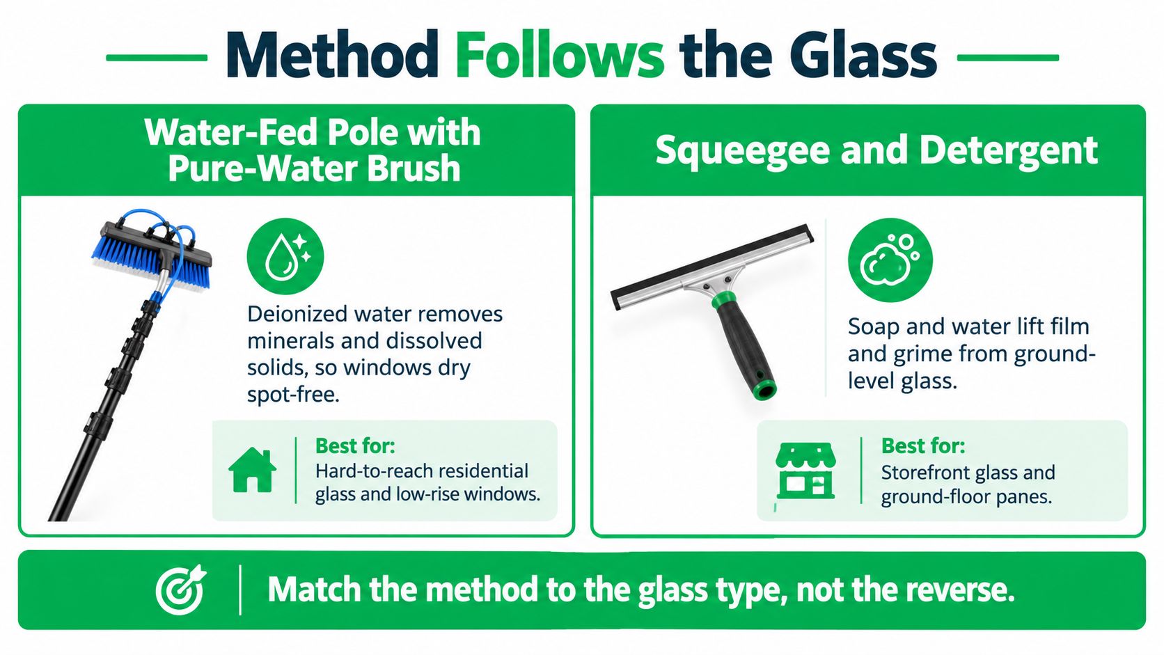 A comparison chart showing two window cleaning methods: water-fed poles for residential homes and squeegees for storefronts.