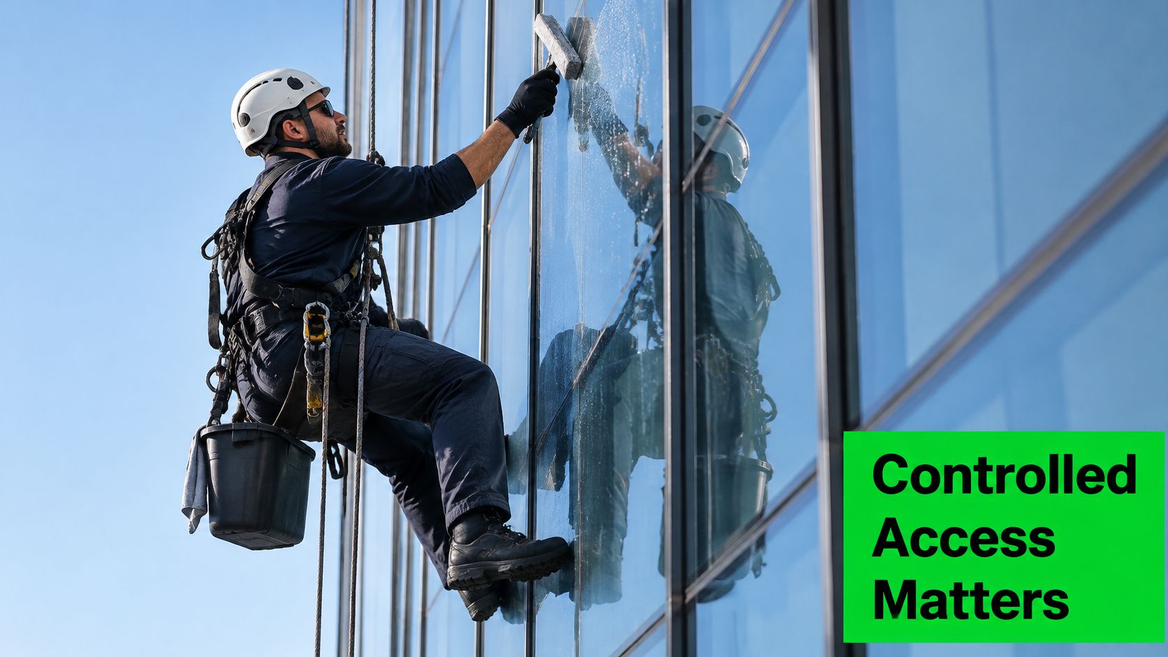 A professional window cleaner hanging from ropes cleaning the exterior glass of a modern glass skyscraper.
