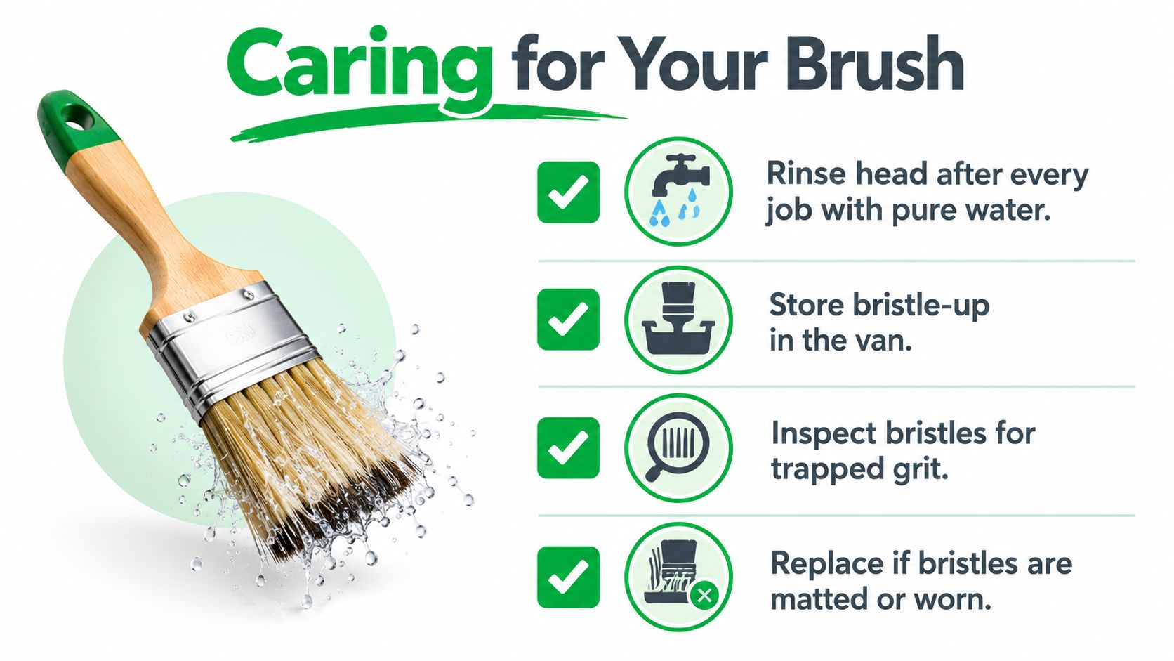 An infographic titled Caring for Your Brush showing instructions on cleaning and maintaining a cleaning brush.