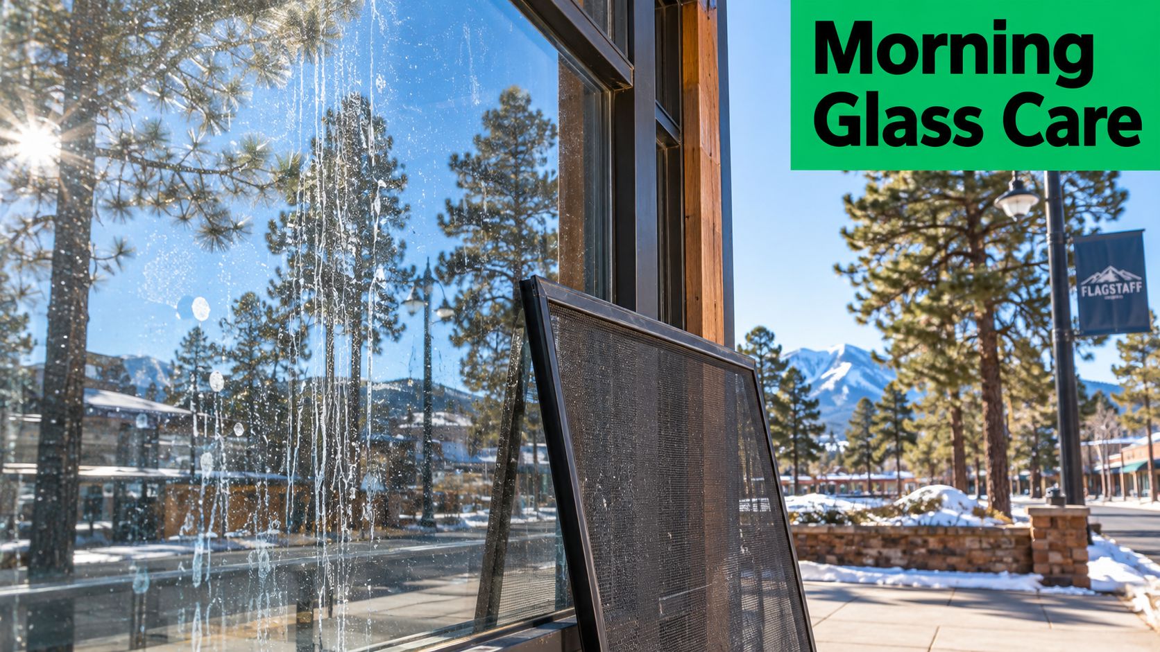 A dirty window with streaks being cleaned in Flagstaff, Arizona, with a mountain view in background.